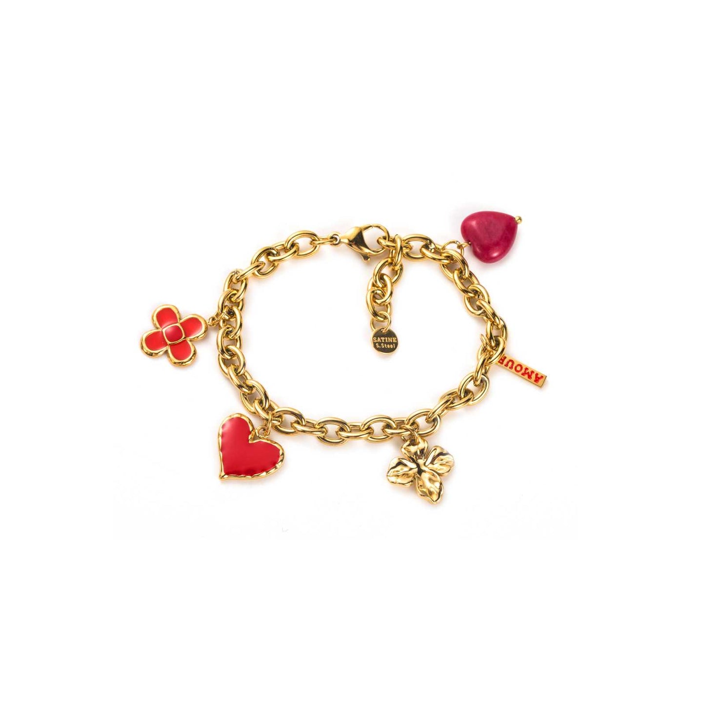 Bracelet Breloques Fleur et coeur d'amour (rouge)