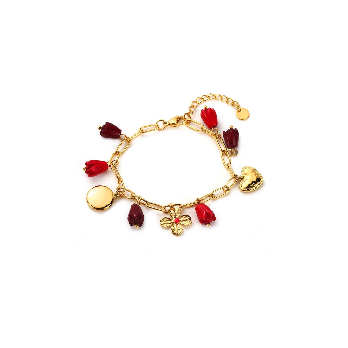 Bracelet Breloques jonquilles et coeur (rouge)