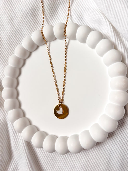 Collier Petit coeur blanc médaillon 15mm "sans gravure"