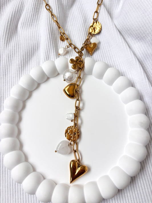 Collier Breloques en Y coeurs et perles